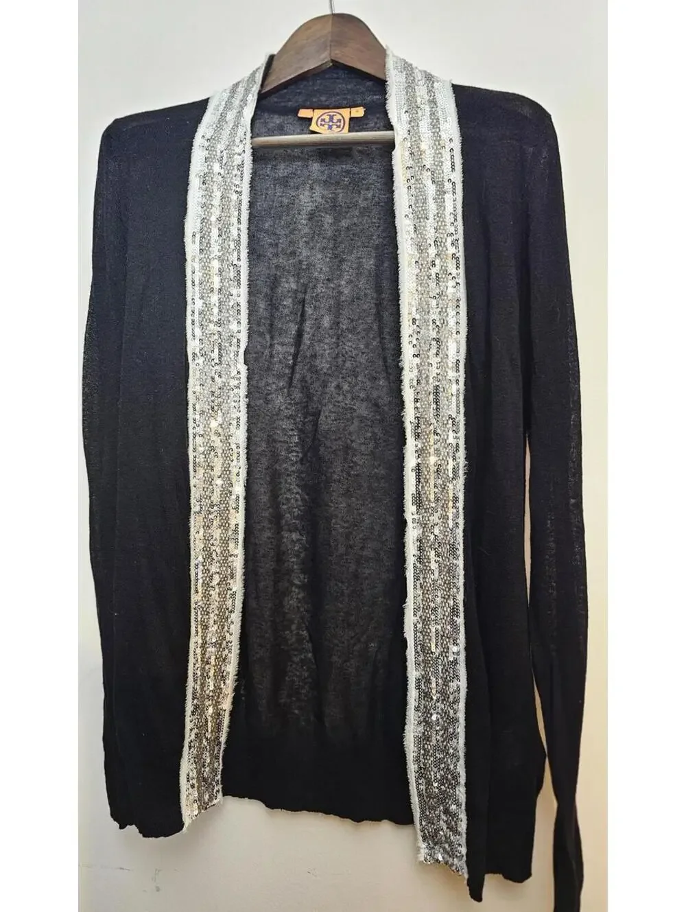 Tory Burch Cardigan Black & Silver Women Size M Linen Sheer
